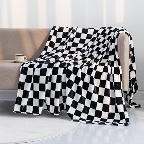 LOMAO Throw Blankets Flannel Blanket with Checkerboard Grid Pattern Soft Throw Blanket for Couch, Bed, Sofa Luxurious Warm and Cozy for All Seasons (Black, 50"x60") - color: Black, size: 50"x60"