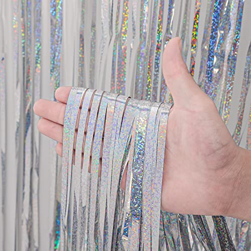 Voircoloria 3 Pack 3.3x8.2 Feet Laser Silver Foil Fringe Backdrop Curtains, Tinsel Streamers Birthday Party Decorations, Fringe Backdrop for Graduation, Baby Shower, Gender Reveal, Disco Party - color: 08 Laser Silver