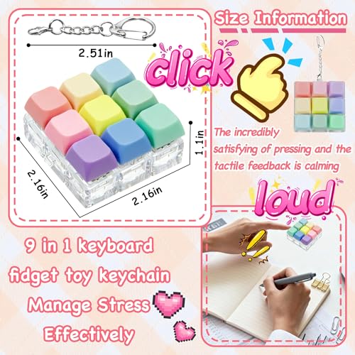 Keyboard Fidget Toy, Keyboard Keychain Fidget Toys, 9-in-1 Clicker Fidget Toy, Stress Relief Desk Decompression Button, Anxiety Relief Valentine's Day Gifts (9 Color-Macaron) - color: 9 Color-macaron