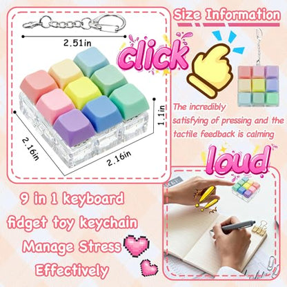 Keyboard Fidget Toy, Keyboard Keychain Fidget Toys, 9-in-1 Clicker Fidget Toy, Stress Relief Desk Decompression Button, Anxiety Relief Valentine's Day Gifts (9 Color-Macaron) - color: 9 Color-macaron