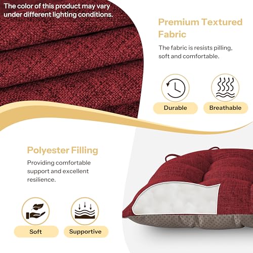Chair Cushions for Dining Chairs Set of 4 Durable D-Shaped Seat Cushions with Non-Slip Backing Secure Ties Thick Cozy Seat Pad for Kitchen Dining Room Office(18x16.5x3in Burgundy) - color: Burgundy