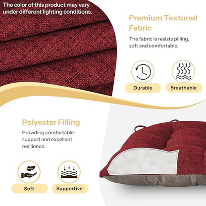 Chair Cushions for Dining Chairs Set of 4 Durable D-Shaped Seat Cushions with Non-Slip Backing Secure Ties Thick Cozy Seat Pad for Kitchen Dining Room Office(18x16.5x3in Burgundy) - color: Burgundy