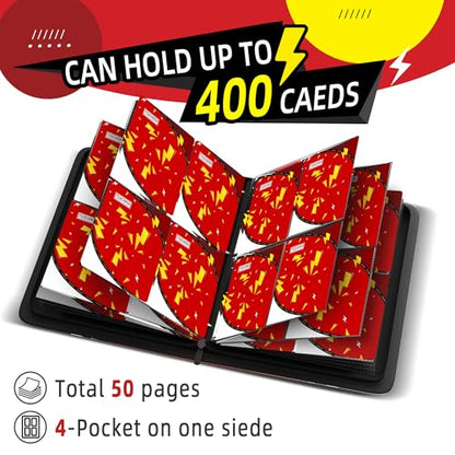 Trading Card Binder 4 Pocket,400 Pocket Card Collection Binder with 50 Removable Sleeves,PU Waterproof Top Card Book,3-Ring Zipper Collectible Trading Card Album for MTG/TCG/Card Holder Gift（Red） - color: Red, size: Small