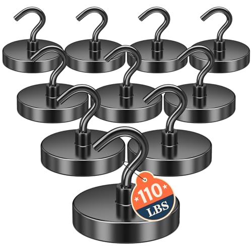 FINDMAG 10 Pack 110LBS Heavy Duty Magnetic Hooks for Hanging, Neodymium Magnet Hooks Strong Black Magnetic Hooks, Magnet with Hooks for Home, Kitchen, Bathroom, Office, School - color: Black, size: 1.26 inches