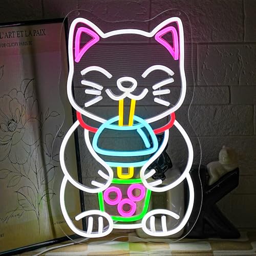 Cat Boba Tea Neon Sign Dimmable Fortune Cat Neon Light Colorful Animal Neon Light Sign Lucky Cat Drinking Bubble Tea LED Light for Milk Tea Shop Resturant Home Bar Birthday Party Decor - color: Colourful