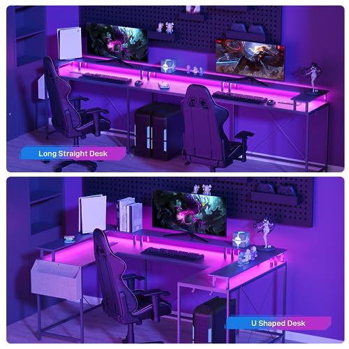 U Shaped Desk with Power Outlet & LED Lights, 79" Reversible Computer Desk with Monitor Stand, Wood Home Office Desks Gaming Desk with Shelving, Side Storage Pockets, Black - color: Black