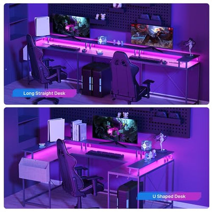 U Shaped Desk with Power Outlet & LED Lights, 79" Reversible Computer Desk with Monitor Stand, Wood Home Office Desks Gaming Desk with Shelving, Side Storage Pockets, Black - color: Black