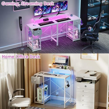 X-cosrack 33.5" Small Computer Desk with Monitor Stand & Outlets, Small Gaming Desk with LED Light & CPU Stand, Teen Study Writing Table with Storage Drawer, Side Hooks for Bedroom, Home Office White - size: 33.5" White with Normal Monitor Stand