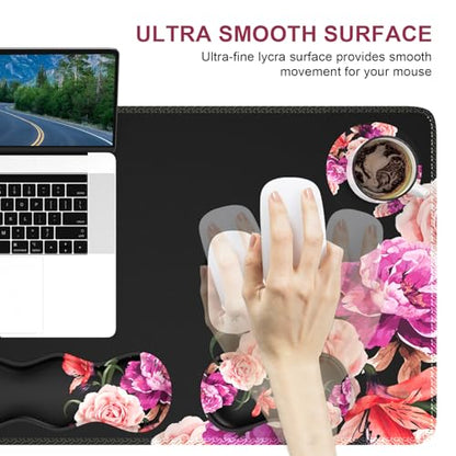iLeadon Mouse Pad Set, Desk Mat + Mouse Pad with Wrist Rest + Keyboard Wrist Rest + Coaster, Mouse and Keyboard Pad Set with Stitched Edge & Non-Slip Base, Desk Pad Mat for Work Gaming, Peony Flower - color: Peony Flower