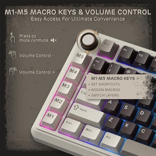 RK ROYAL KLUDGE L75 Gasket Mount Mechanical Keyboard w/Knob/Macro Keys & Touchable Nameplate, Tri-Mode 75% TKL Wireless Keyboard BT/2.4G/USB-C, Hot Swappable, Pro Software, Massive 8000mAh Battery - color: Mocha Gray, size: Tactile Beige Switch