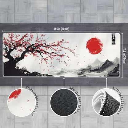 XL Sakura Cherry Blossom Mouse Pad – Japanese Gaming Desk Mat for Keyboard & Mouse – Non-Slip Water-Resistant Surface, Stitched Edges – 31.5x11.8 in (X-Large) - color: Sakura, size: 31.5L x 11.8W inches