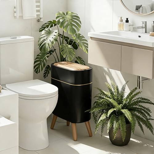 suyika Automatic Trash Can, 2.6 Gallon/10L Bathroom Trash Can with Lid - Wood Grain Lid and Legs, Touchless Waterproof Garbage Bin for Bedroom, Bathroom, Office, Living Room - color: Black