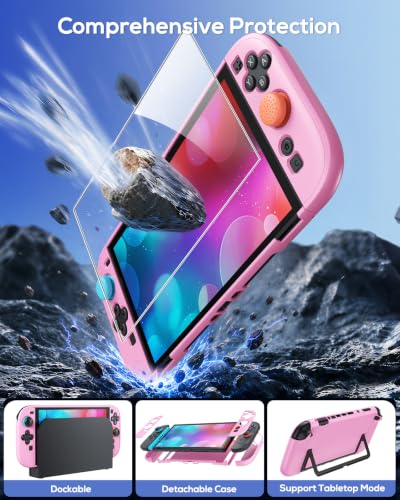 Switch 2 Case Pink and Pro Style Controllers Accessories Girly, Bundle for Nintendo Switch 2 Console,FYOUNG 23 IN 1 Kit:Carrying Case,Protective Shell,Grip for Joycon,Steering Wheel - color: Pink (2*controller)