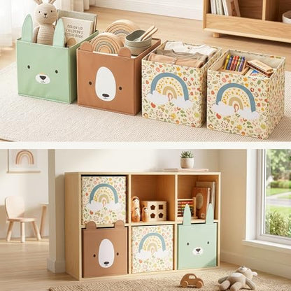 OOOK 4 Pack Foldable Fabric Storage Bins, 11.4" x 10.6" x 11.8" Cute Storage Box, Closet Organizers for Bedroom, Nursery, Shelves & Cube Storage Shelving Units (Bear, Rabbit, Rainbow Pattern)