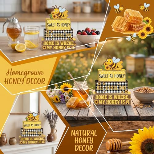 4 Pcs Bumble Bee Tiered Tray Decor Bee Sunflower Wooden Signs Yellow Farmhouse Shelf Sitters Spring Summer Table Centerpiece Honey Theme Decorations For Kitchen Living Room - style: Bee