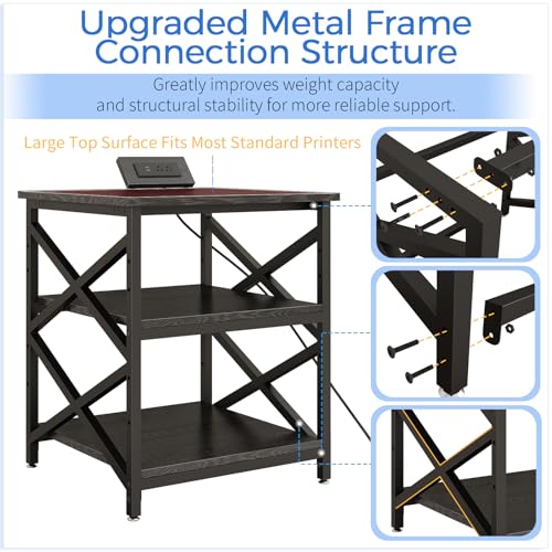 METYERRY Large Printer Stand with Power Outlet, with Height Adjustable Storage Shelf, 3 Tier Rolling Printer Cart with Industrial Wheels, 23.6 x 23.6 Inches Printer Table for Home Office,Black - color: Black