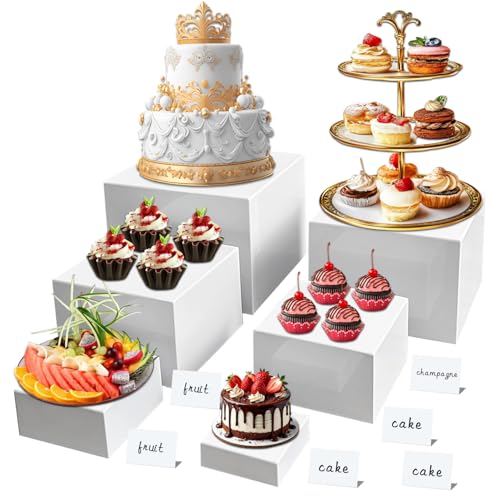 6 pcs white Acrylic Buffet Risers ，Buffet Risers Set，Mini Acrylic Signs，Nested riser with hollow bottom，Display stands for parties, restaurants, jewelry and collectibles (white, 6 pcs 3in to 8in) - color: white, size: 6 pcs 3in to 8in