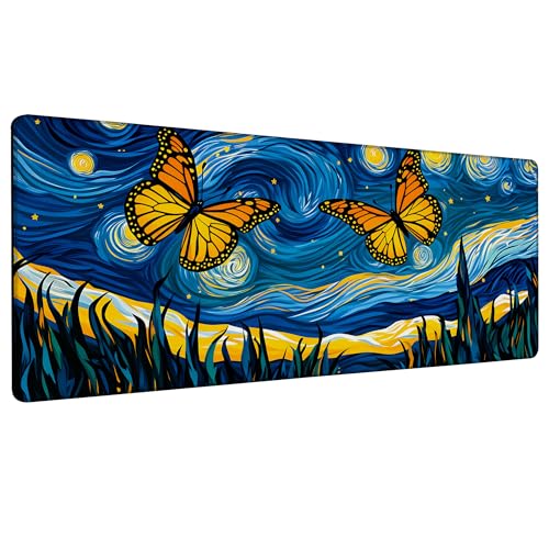 Starry Night Butterflies Gaming Mouse Pad Large Desk Mat Extended Keyboard Anime Mousepad with Non-Slip Base and Stitched Edge for Desk Home Office Gaming,31.5 x 11.8 Inch - color: Starry Night Butterflies, size: 11.8*31.5inch