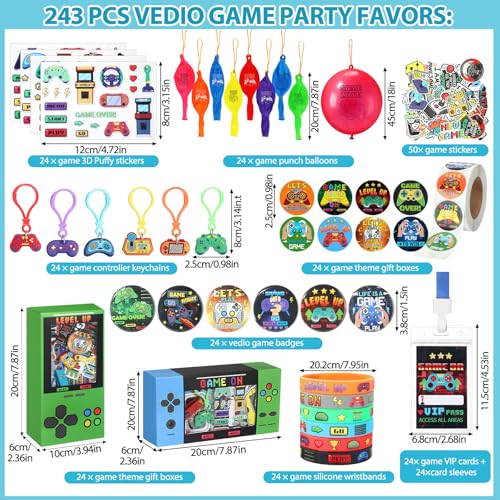 243 Pcs Video Game Party Favors for 24 Kids Gamer Goodie Bag Stuffers for Boys Gaming Birthday Party Supplies with Gift Boxes, VIP Pass, Balloons, Bracelets, Keychains, Badges, 3D Stickers - color: Colorful