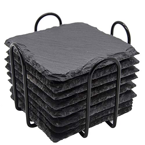 Slate Drink Coasters with Metal Holder, GOH DODD Set of 8 Black Coasters, 4 Inch Stone Coaster Set Tabletop Protection for Home Outdoor Kitchen Apartment Decor Housewarming Gifts Wedding Party, Square - color: Black