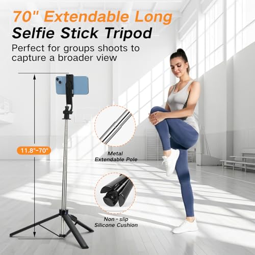 70” Phone Tripod & Selfie Stick with Light, Metal Tripod Holder with Wireless Remote,Portable Travel Selfie Stick Tripod for iPhone/Android and Gopro - color: Black-SL