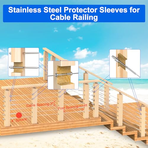 BLIKA 120 Pack Stainless Steel Protector Sleeves for 1/8" 5/32" or 3/16" Deck Cable Railing, for Wood/Composite Posts, T316 Marine Grade