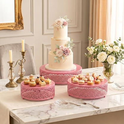 3-Piece Metal Cake Stand Set, Round Buffet Risers (8 to 12 Inch) – Sturdy Dessert Cupcake Pastry Candy Plate Stands for Wedding, Birthday Party & Event (3P-Pink) - color: Pink, size: 3P-Round(8IN to 12 IN)