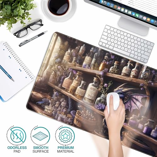 Purple Dragon Desk Mat Cute Large Gaming Keyboard Mouse Pad, Dragon Magic Desk Pad Extended Mouse Pad Gaming Office Decor for Pc Laptop Mouse Pads (31.5x15.7 in) with Stitched Eges Non-Slip Base - color: Magic Herbal Bookcase