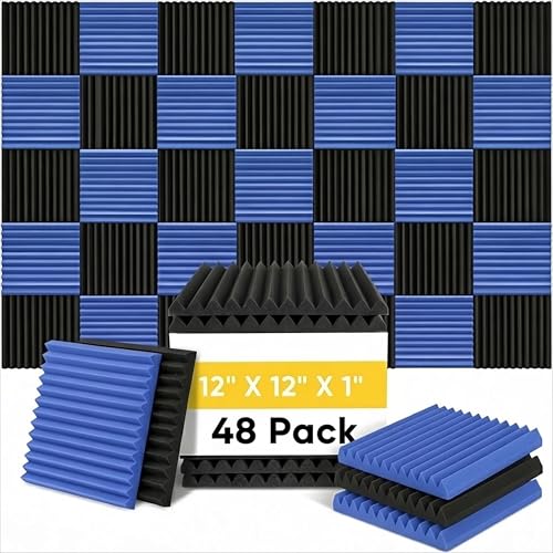 48 Pack 12 "X 12 "X1 Acoustic Panels Studio Soundproofing Foam Wedge Tiles, (24BLUE+24BLACK) - color: 24BLUE+24BLACK