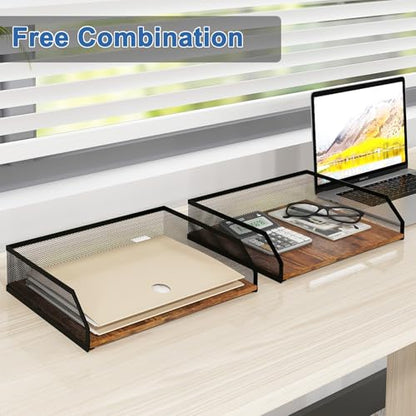 Natwind 2-Tier Stackable Metal Mesh Paper Tray Organizer,Retro | Wooden Desk Organizer, Letter Tray For Desktop,File Holder For Home Office School Classroom Organization - size: 12.6" x 9.8" x 5.9"