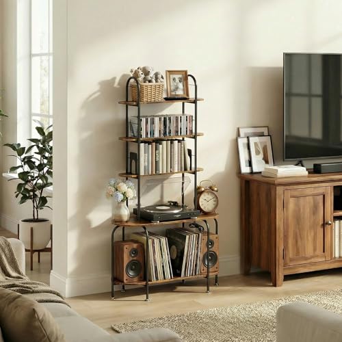 Faesun Record Player Stand with Storage, 5-Tier Turntable Stand with Charging Station, CD Storage with Adjustable Book Stoppers, for CDs, Vinyl Records, Books, Games, for Living Room, Bedroom, Rustic