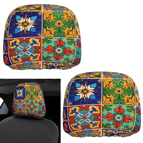 Colorful Print Car Headrest Covers Personalized Mexican Car Seat Head Rest Protector for Women - color: Colorful Mexican