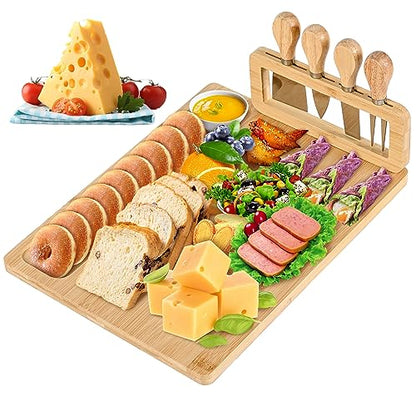 Bamboo Cheese Board and Knife Set - 14” x 11” Large Charcuterie Boards Set, Cheese Tray Platter Servers with Clasp Knife Holder, Gift for Valentines, Anniversary, Housewarming, Thanksgiving
