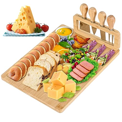 Bamboo Cheese Board and Knife Set - 14” x 11” Large Charcuterie Boards Set, Cheese Tray Platter Servers with Clasp Knife Holder, Gift for Valentines, Anniversary, Housewarming, Thanksgiving