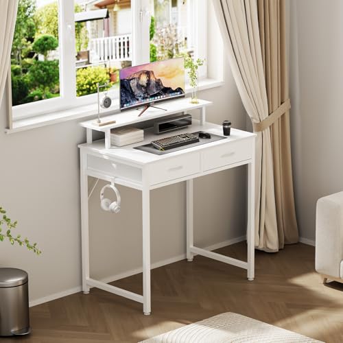 DUMOS 31 Inch Computer Desk with Monitor Stand and 2 Drawers, Small Writing Desk for Home Office with Headphone Hook, Compact Study Table for Bedroom, White - color: White, size: 31-In
