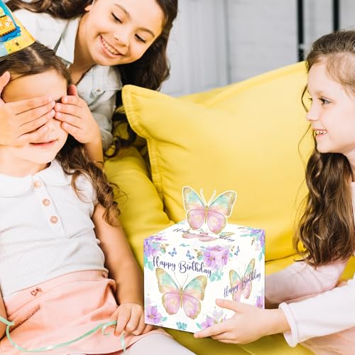 Butterfly Birthday Money Box for Cash Pull, Happy Birthday Boxes Gifts for Money Pull Out Card, 50Pcs Transparent Bags - color: Purple