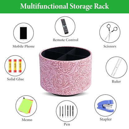 lizimandu Round Leather Art Supply Organizer,Remote Control Holder,360 Degree Spinning,Multi-Functional Pencil Holder,4 Compartments Desktop Stationary Organizer(1-Carved Pink) - color: 1-Carved Pink