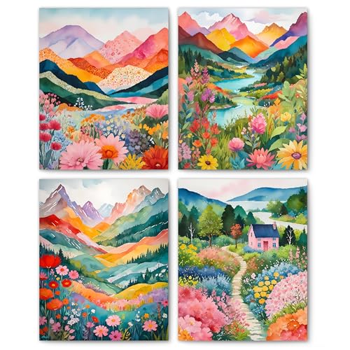 FITIE Maximalist Boho Floral Mountain Wall Art Posters Set of 4, Abstract Colorful Wildflower Valley Landscape Canvas Prints Artwork Wall Decor for Home Bedroom Living Room, 8x10 Unframed - color: Color-Nature Landscape 04