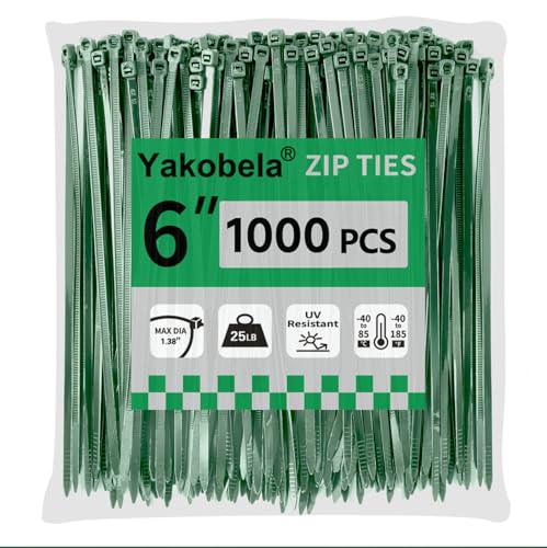 Green Zip Ties 6", 1000 Pack, Cable Ties UV Resistant, Wire Ties 25 lbs Tensile Strength for Garden, Plants, Holiday Lights, Yakobela - size: 6" (1000 pack)