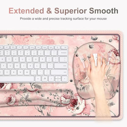 4 in 1 Large Mouse Pad, Keyboard Wrist Rest Set, Ergonomic Mouse Pad with Wrist Support, Desk Mat with Stitched Edges Extended Desk Pad Waterproof Desk Mat for Home Office Game I Pink Rose Flowers - color: Pink Rose Flowers