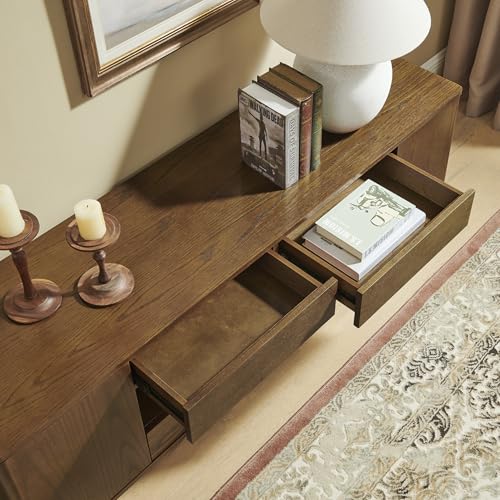 LKTART 59" Mid-Century Modern TV Stand, Solid Wood Veneer Entertainment Center with Storage Drawers & Cable Management,Eco-Friendly Paint Finish Media Console for 50/55/60/65 inch TVs,Walnut - color: 59" Walnut