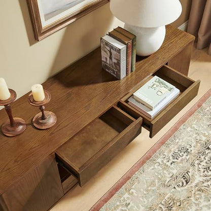 LKTART 59" Mid-Century Modern TV Stand, Solid Wood Veneer Entertainment Center with Storage Drawers & Cable Management,Eco-Friendly Paint Finish Media Console for 50/55/60/65 inch TVs,Walnut - color: 59" Walnut