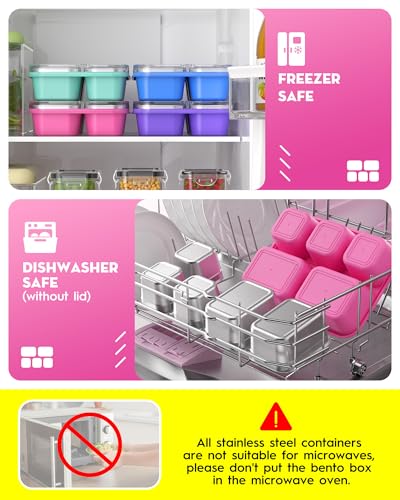 BiuLeon Snackle Box Containers, Stainless Steel 5 Compartments Divided Serving Tray with Lid, Removable LeakProof Portable Bento Box for Fruit Candy Nuts Food - School, Picnic and Travel（Pink） - color: Pink