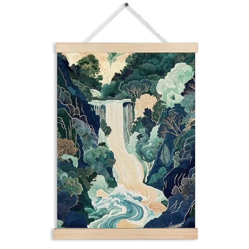 Green Abstract Japanese Waterfall Forest Scenic Canvas Wall Art Poster, Watercolor Blue Green Nature Landscape Wall Decor Prints for Japanese Home Bedroom Living Room, 12x16 Inches - color: Color-Mountain Lakeside Landscape 04