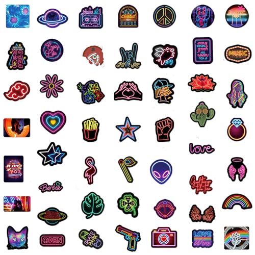 100Pcs Cool Neon Light Stickers for Kids Teens Adults, Trendy Graffiti Waterproof Vinyl Neon Stickers Pack for Water Bottle, Guitar Skateboard, Luggage, Phone