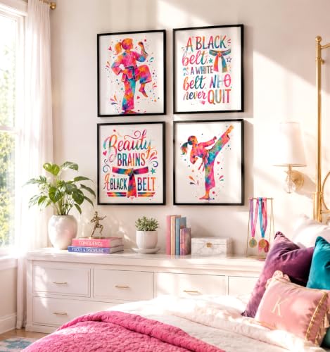 Inspirational Watercolor Karate Girl Athlete with Empowering Motivational Quote Art Print Set for Girl's Bedroom Empowerment, Playroom Energy Boost, Locker Team Spirit, Young Karateka Surprises, Aspiring Black Belt Tokens, Team Captain Honors, Coach Gifts