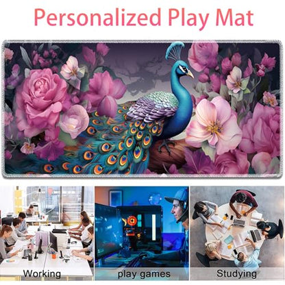 Large Gaming Mouse Pad + Mouse Wrist Rest Pad + Coaster Combination, 31.5 "x 11.8" Durable Non-Slip Extension Table Mat, Suitable for Office and Home, Peacock and Flowers - color: Peacock and Flowers
