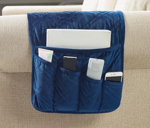 Brilliant Sunshine Velvet Couch Armrest Organizer, Dark Blue (35"×13") | Non Slip Armchair Caddy for Sofa Recliner, Washable Remote Controls Holder, Storage for Magazine, Phone, iPad - color: Dark Blue