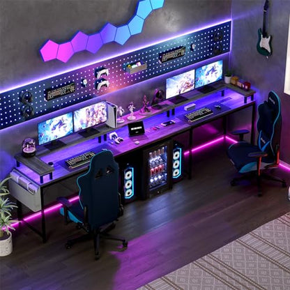 U Shaped Desk with Power Outlet & LED Lights, 79" Reversible Computer Desk with Monitor Stand, Wood Home Office Desks Gaming Desk with Shelving, Side Storage Pockets,Grey - color: Grey Oak