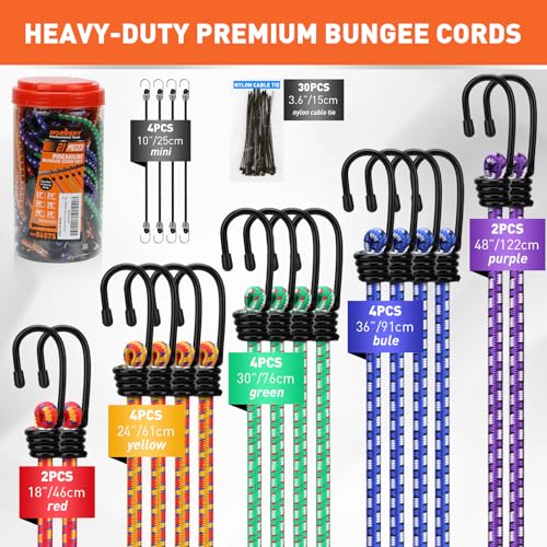 HORUSDY 21 - Piece Bungee Cord Set with Hooks & Straps, 10”/18”/24”/30”/36”/48” Heavy Duty Bungee Cords Assortment for Camping, Truck, Moving, Emergency, Outdoor Storage (30 Nylon Cable Ties Extra) - color: 21pcs 10"/18"/24"/30"/36"/48" Multi-color